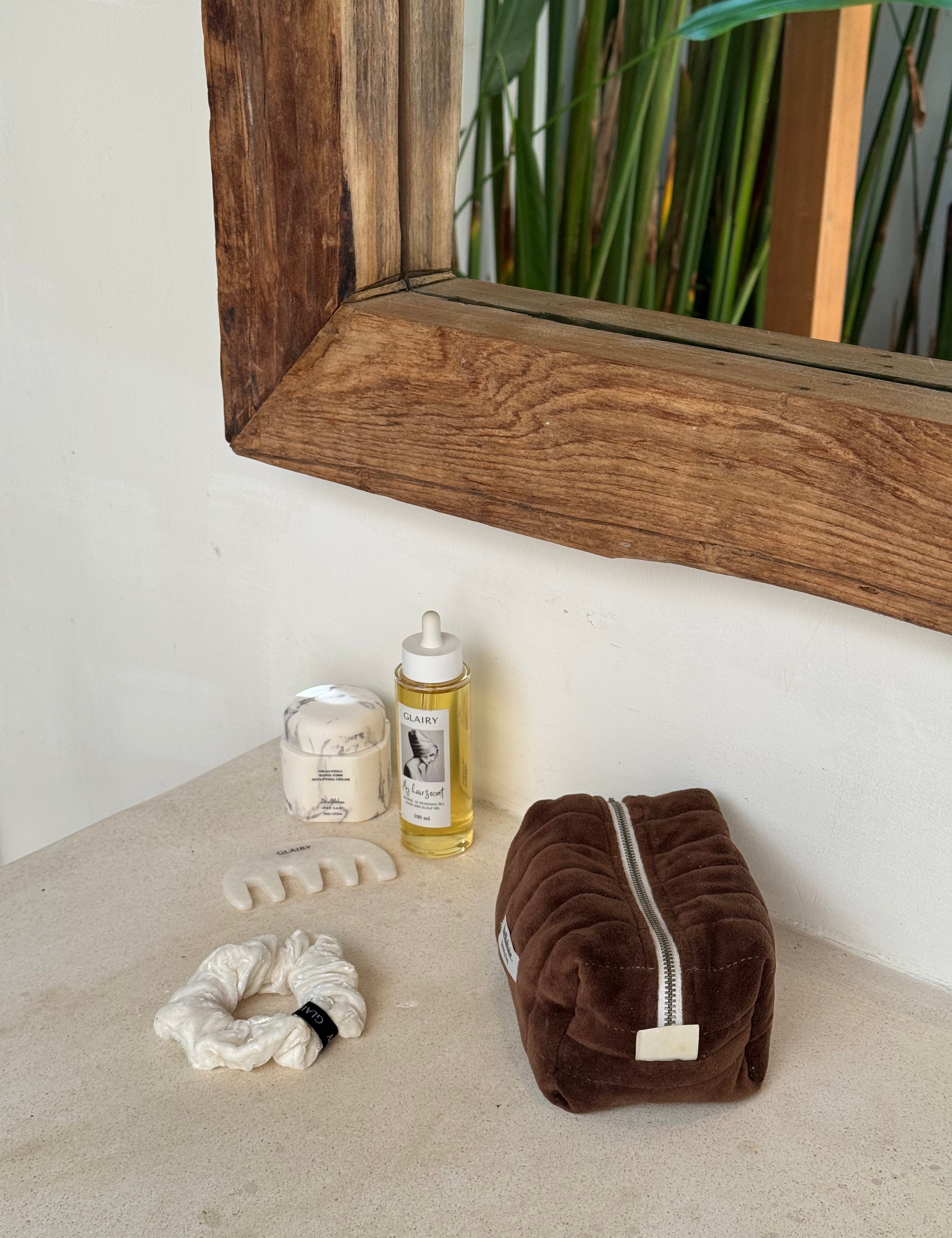 Juuksehoolduskomplekt Glairy My hair secret juukseõli, Valge scrunhie ja Gua sha massaazikamm